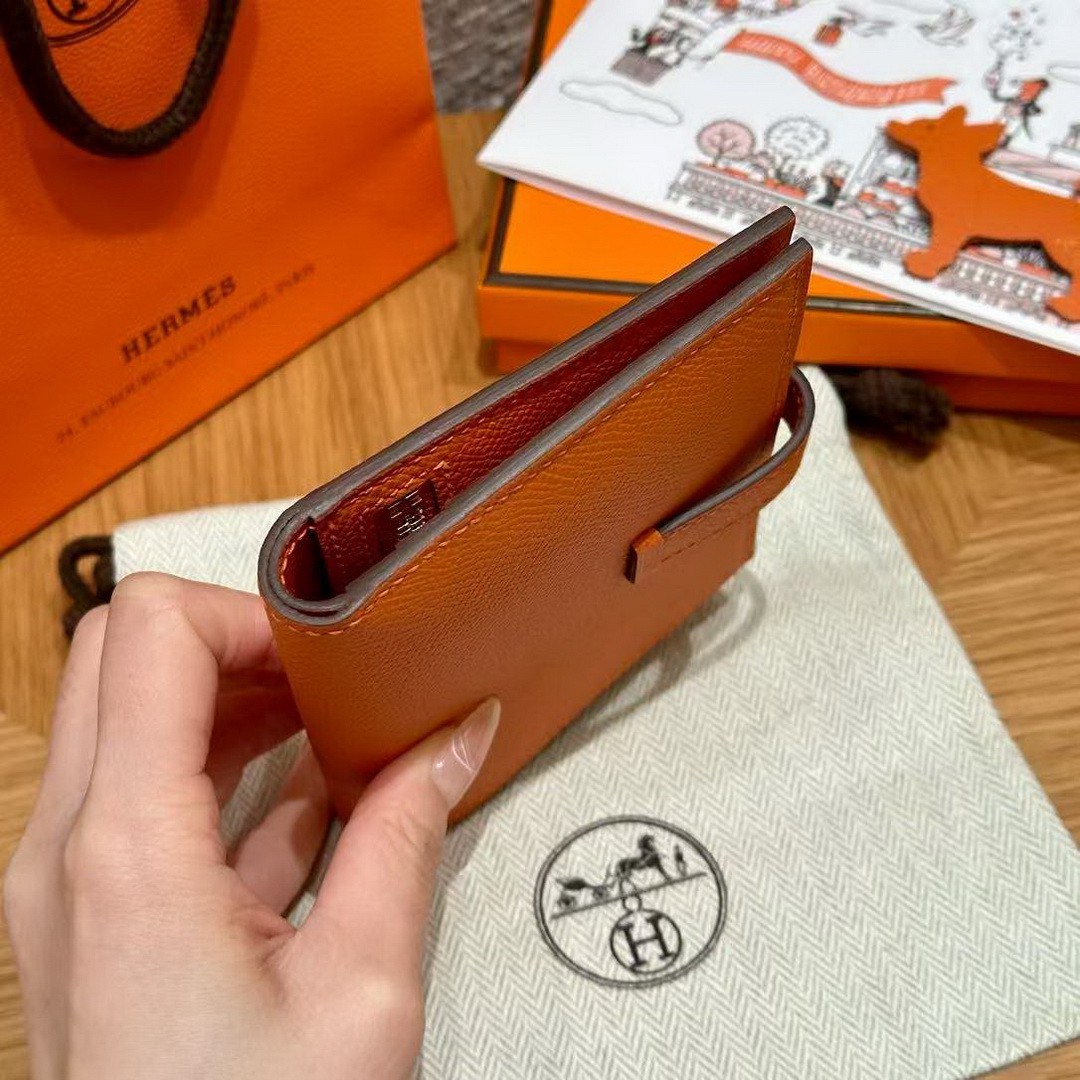 Hermes Bearn Compact Wallet Handmade In Epsom Calfskin Leather Gold Hardware 93 Orange - Image 12