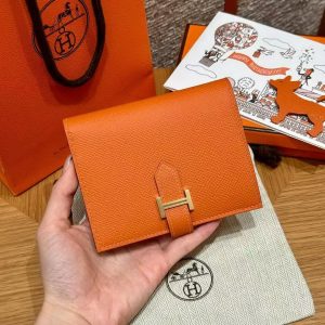 Hermes Bearn Compact Wallet Handmade In Epsom Calfskin Leather Gold Hardware 93 Orange - Image 11