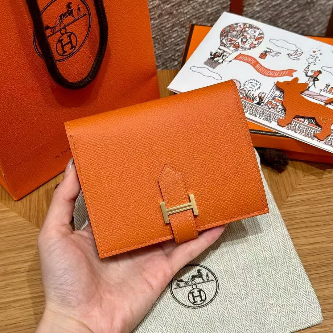 Hermes Bearn Compact Wallet Handmade In Epsom Calfskin Leather Gold Hardware 93 Orange - Image 11