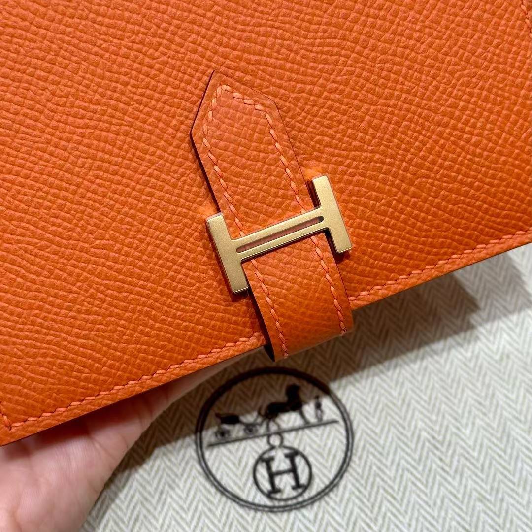 Hermes Bearn Compact Wallet Handmade In Epsom Calfskin Leather Gold Hardware 93 Orange - Image 10