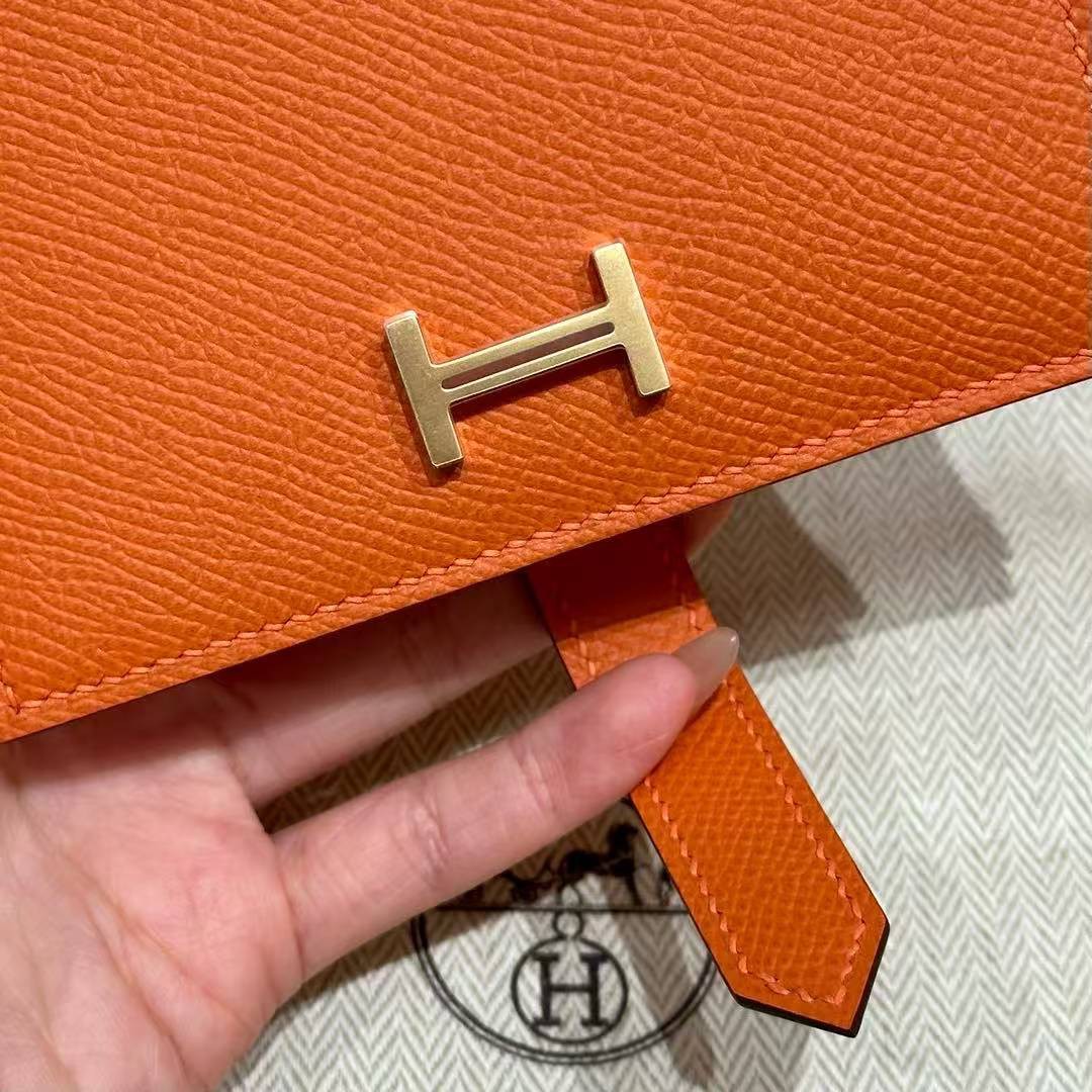Hermes Bearn Compact Wallet Handmade In Epsom Calfskin Leather Gold Hardware 93 Orange - Image 8