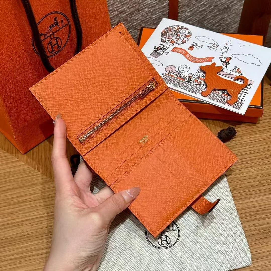 Hermes Bearn Compact Wallet Handmade In Epsom Calfskin Leather Gold Hardware 93 Orange - Image 7