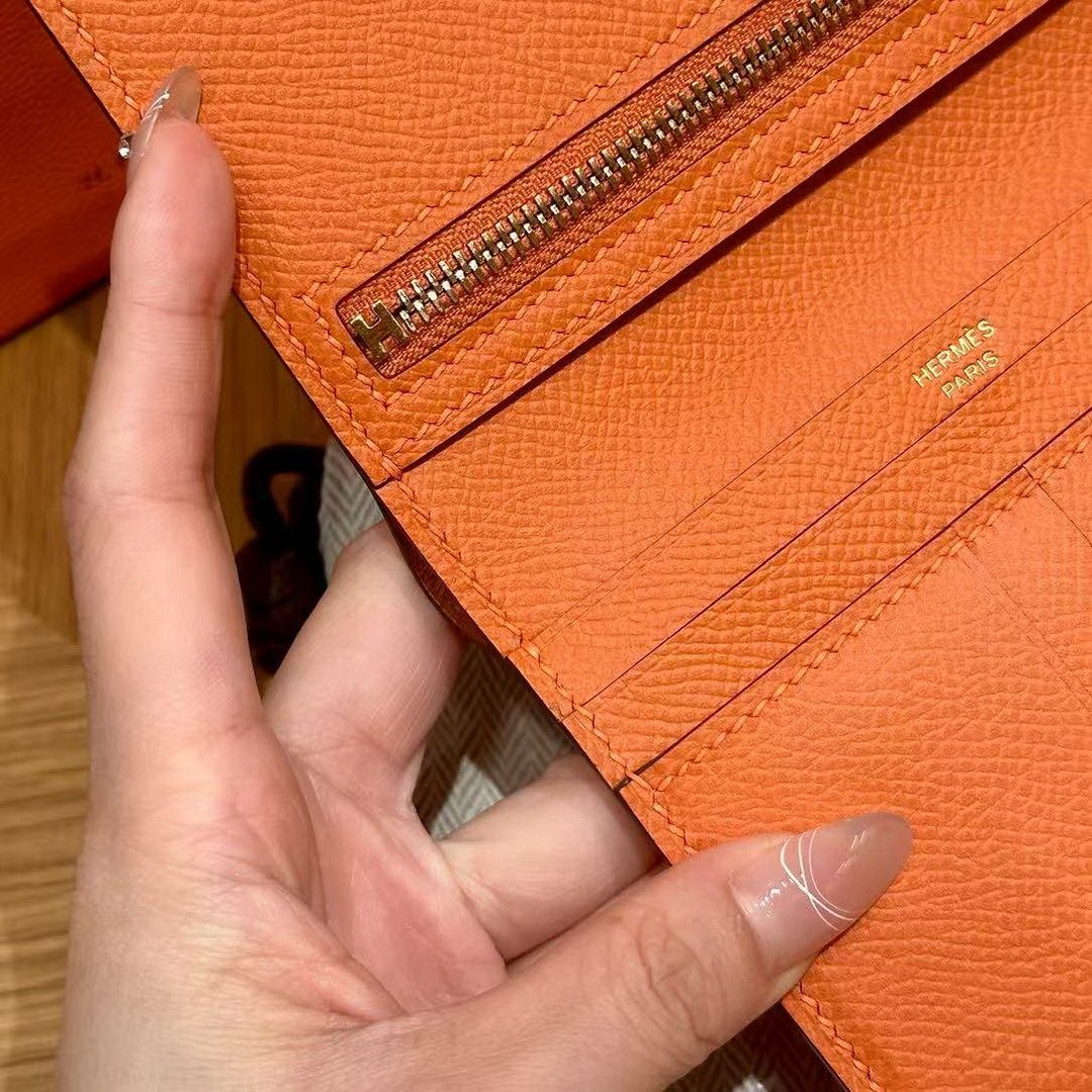 Hermes Bearn Compact Wallet Handmade In Epsom Calfskin Leather Gold Hardware 93 Orange - Image 6
