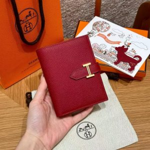 Hermes Bearn Compact Wallet Handmade In Epsom Calfskin Leather Gold Hardware K1 Rouge Grenat