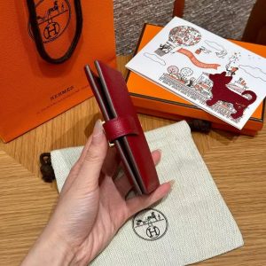 Hermes Bearn Compact Wallet Handmade In Epsom Calfskin Leather Gold Hardware K1 Rouge Grenat - Image 14