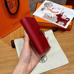 Hermes Bearn Compact Wallet Handmade In Epsom Calfskin Leather Gold Hardware K1 Rouge Grenat - Image 13