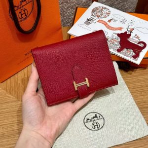 Hermes Bearn Compact Wallet Handmade In Epsom Calfskin Leather Gold Hardware K1 Rouge Grenat - Image 10