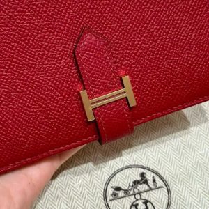 Hermes Bearn Compact Wallet Handmade In Epsom Calfskin Leather Gold Hardware K1 Rouge Grenat - Image 9