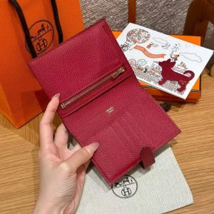 Hermes Bearn Compact Wallet Handmade In Epsom Calfskin Leather Gold Hardware K1 Rouge Grenat - Image 7