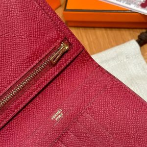 Hermes Bearn Compact Wallet Handmade In Epsom Calfskin Leather Gold Hardware K1 Rouge Grenat - Image 5