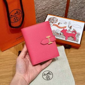 Hermes Bearn Compact Wallet Handmade In Epsom Calfskin Leather Gold Hardware U5 Rose Lipstick