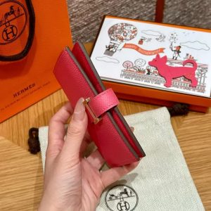Hermes Bearn Compact Wallet Handmade In Epsom Calfskin Leather Gold Hardware U5 Rose Lipstick - Image 12