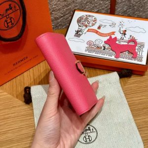 Hermes Bearn Compact Wallet Handmade In Epsom Calfskin Leather Gold Hardware U5 Rose Lipstick - Image 11
