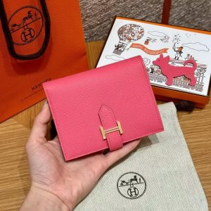 Hermes Bearn Compact Wallet Handmade In Epsom Calfskin Leather Gold Hardware U5 Rose Lipstick - Image 8