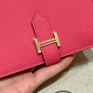 Hermes Bearn Compact Wallet Handmade In Epsom Calfskin Leather Gold Hardware U5 Rose Lipstick - Image 7