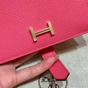 Hermes Bearn Compact Wallet Handmade In Epsom Calfskin Leather Gold Hardware U5 Rose Lipstick - Image 6