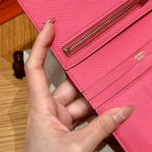 Hermes Bearn Compact Wallet Handmade In Epsom Calfskin Leather Gold Hardware U5 Rose Lipstick - Image 5