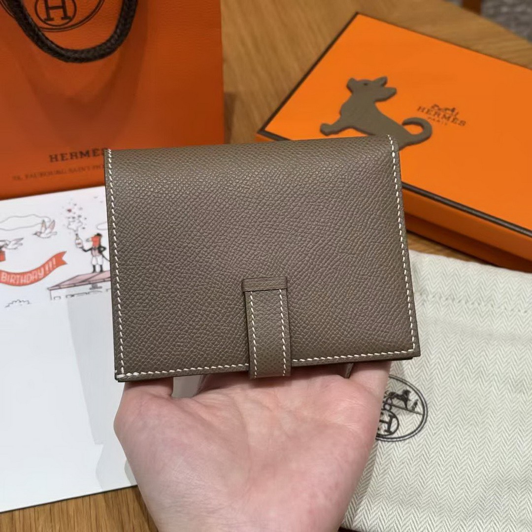 Hermes Bearn Compact Wallet Handmade In Epsom Calfskin Leather Gold Hardware ck18 Etoupe H039790CC18 - Image 14