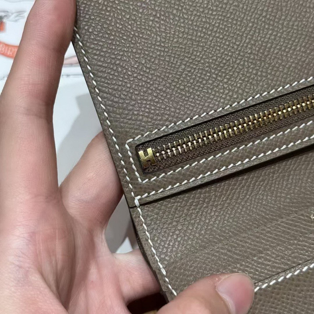 Hermes Bearn Compact Wallet Handmade In Epsom Calfskin Leather Gold Hardware ck18 Etoupe H039790CC18 - Image 12