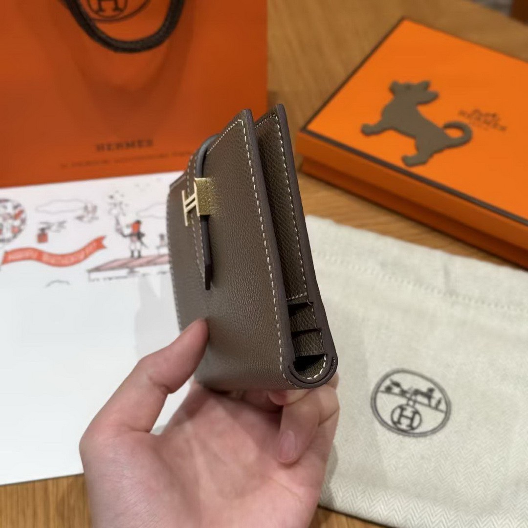 Hermes Bearn Compact Wallet Handmade In Epsom Calfskin Leather Gold Hardware ck18 Etoupe H039790CC18 - Image 7