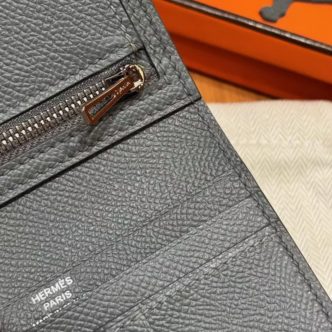 Hermes Bearn Compact Wallet Handmade In Epsom Calfskin Leather Silver Hardware 0L Girs Meyer - Image 7