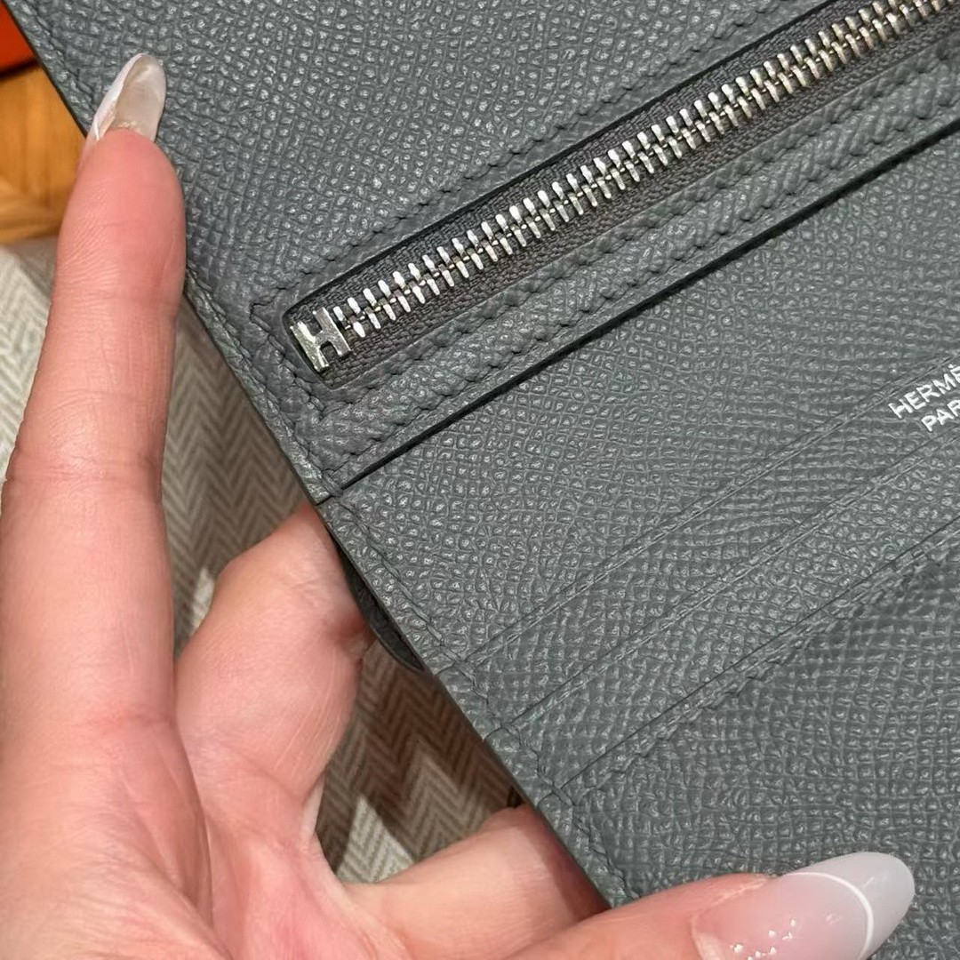 Hermes Bearn Compact Wallet Handmade In Epsom Calfskin Leather Silver Hardware 0L Girs Meyer - Image 6