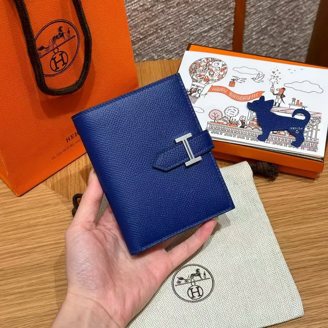 Hermes Bearn Compact Wallet Handmade In Epsom Calfskin Leather Silver Hardware 7T Blue Electric - Image 2