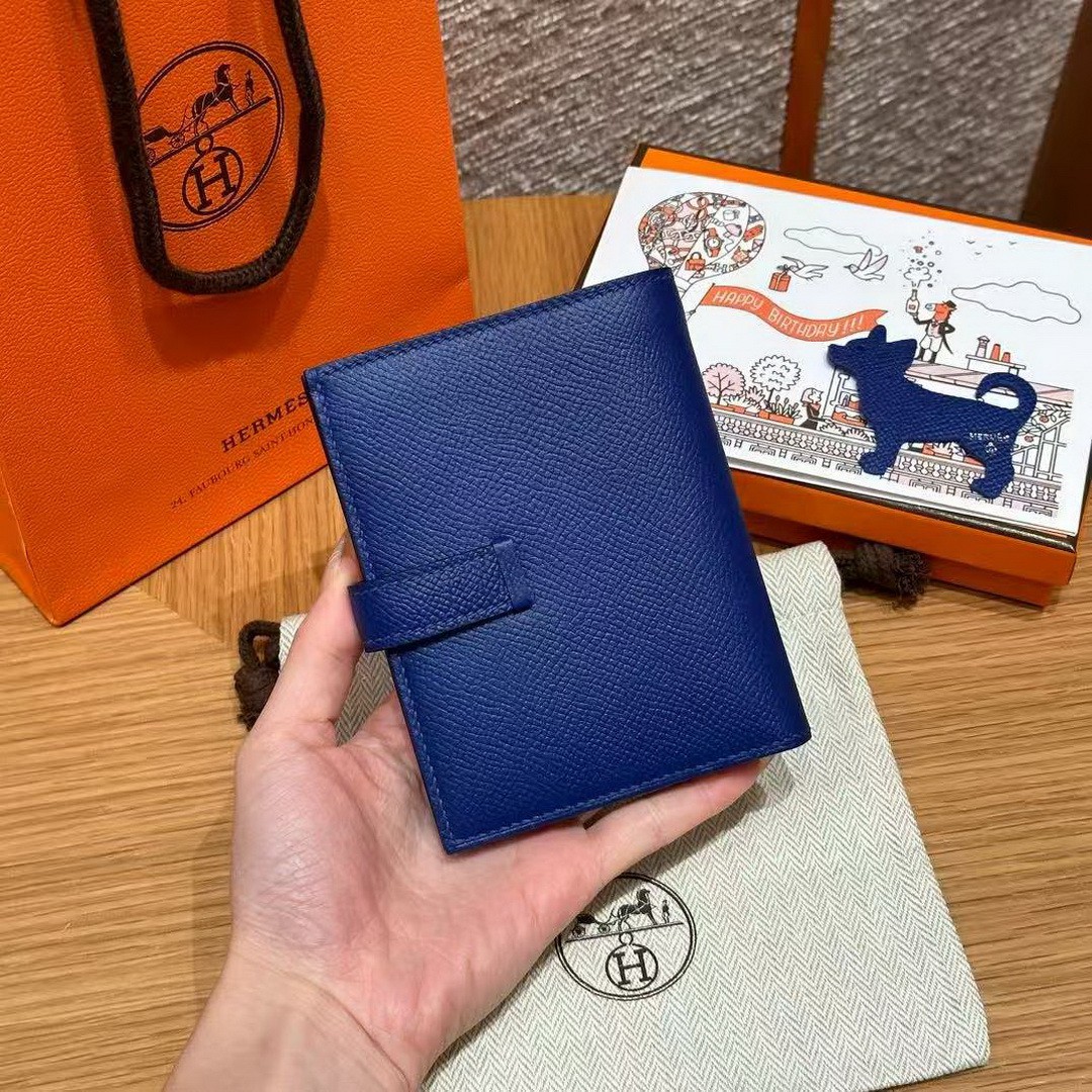 Hermes Bearn Compact Wallet Handmade In Epsom Calfskin Leather Silver Hardware 7T Blue Electric - Image 13