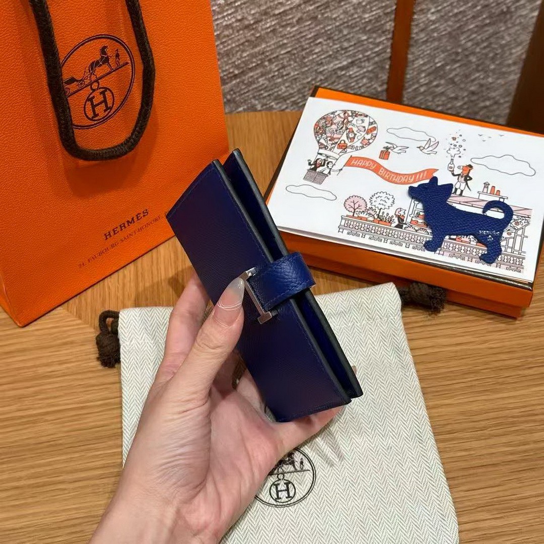Hermes Bearn Compact Wallet Handmade In Epsom Calfskin Leather Silver Hardware 7T Blue Electric - Image 12