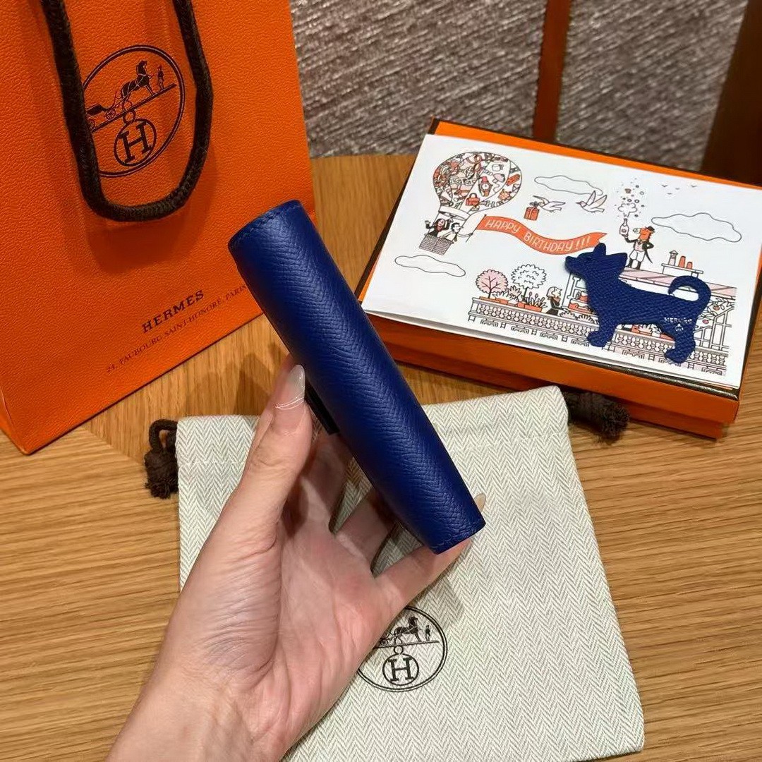 Hermes Bearn Compact Wallet Handmade In Epsom Calfskin Leather Silver Hardware 7T Blue Electric - Image 11