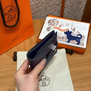 Hermes Bearn Compact Wallet Handmade In Epsom Calfskin Leather Silver Hardware 7T Blue Electric - Image 9