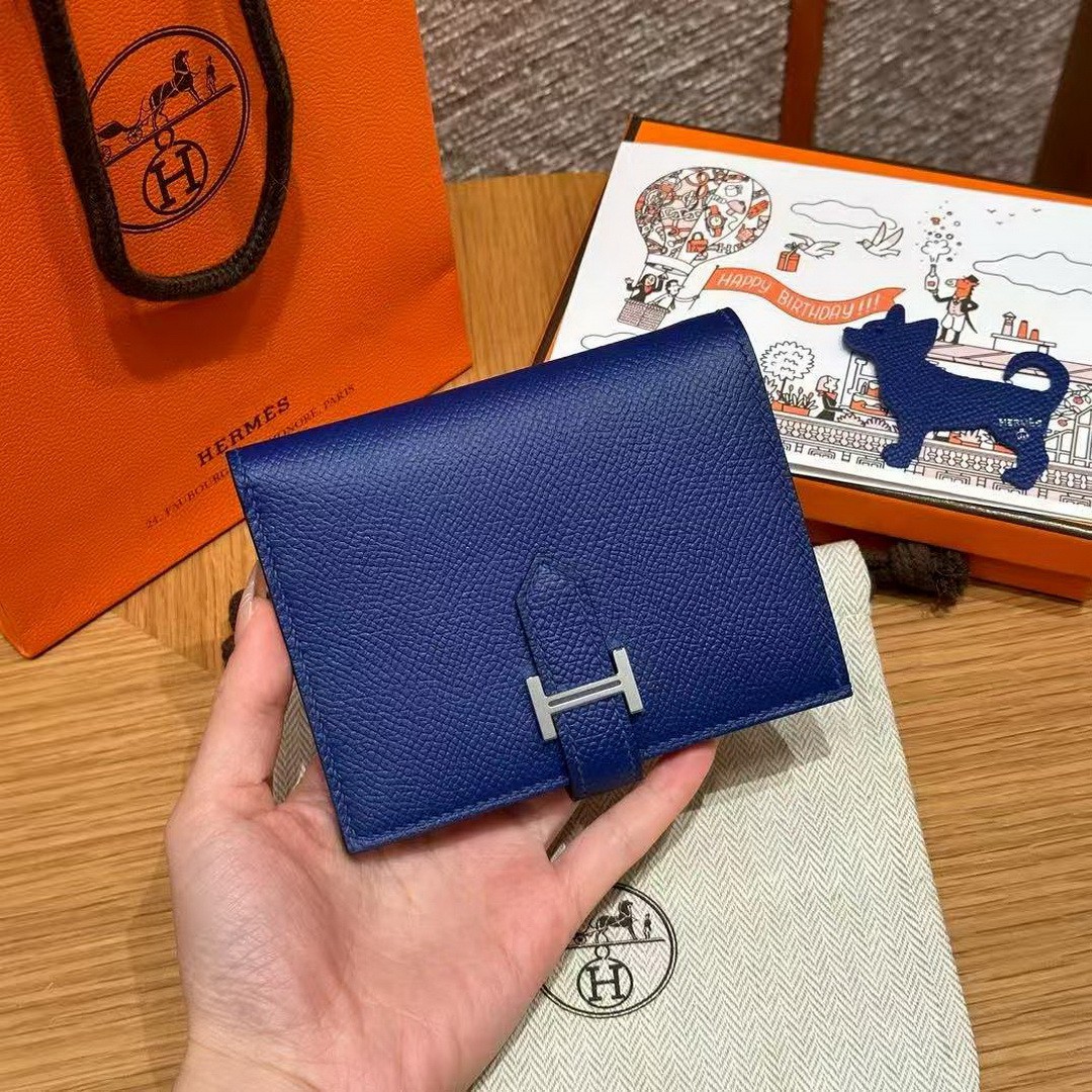 Hermes Bearn Compact Wallet Handmade In Epsom Calfskin Leather Silver Hardware 7T Blue Electric