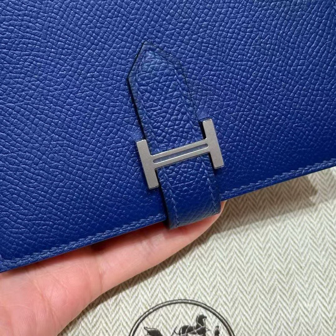 Hermes Bearn Compact Wallet Handmade In Epsom Calfskin Leather Silver Hardware 7T Blue Electric - Image 7