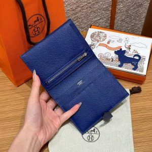 Hermes Bearn Compact Wallet Handmade In Epsom Calfskin Leather Silver Hardware 7T Blue Electric - Image 5