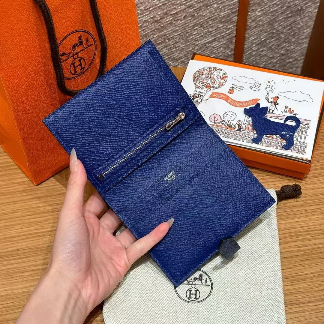 Hermes Bearn Compact Wallet Handmade In Epsom Calfskin Leather Silver Hardware 7T Blue Electric - Image 5