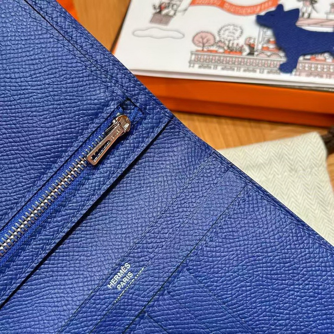 Hermes Bearn Compact Wallet Handmade In Epsom Calfskin Leather Silver Hardware 7T Blue Electric - Image 4