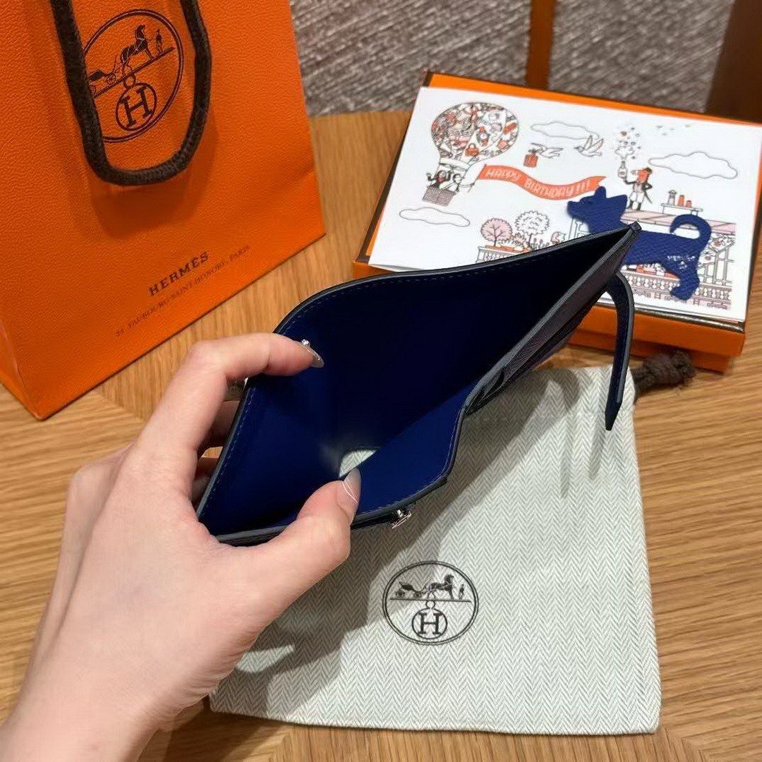 Hermes Bearn Compact Wallet Handmade In Epsom Calfskin Leather Silver Hardware 7T Blue Electric - Image 3