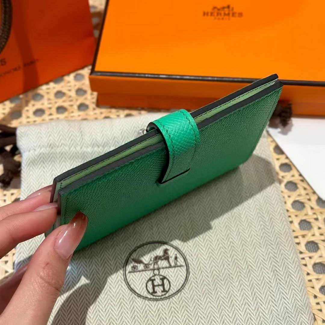 Hermes Bearn Compact Wallet Handmade In Epsom Calfskin Leather Silver Hardware OZ Comics OS Vert Fizz - Image 14