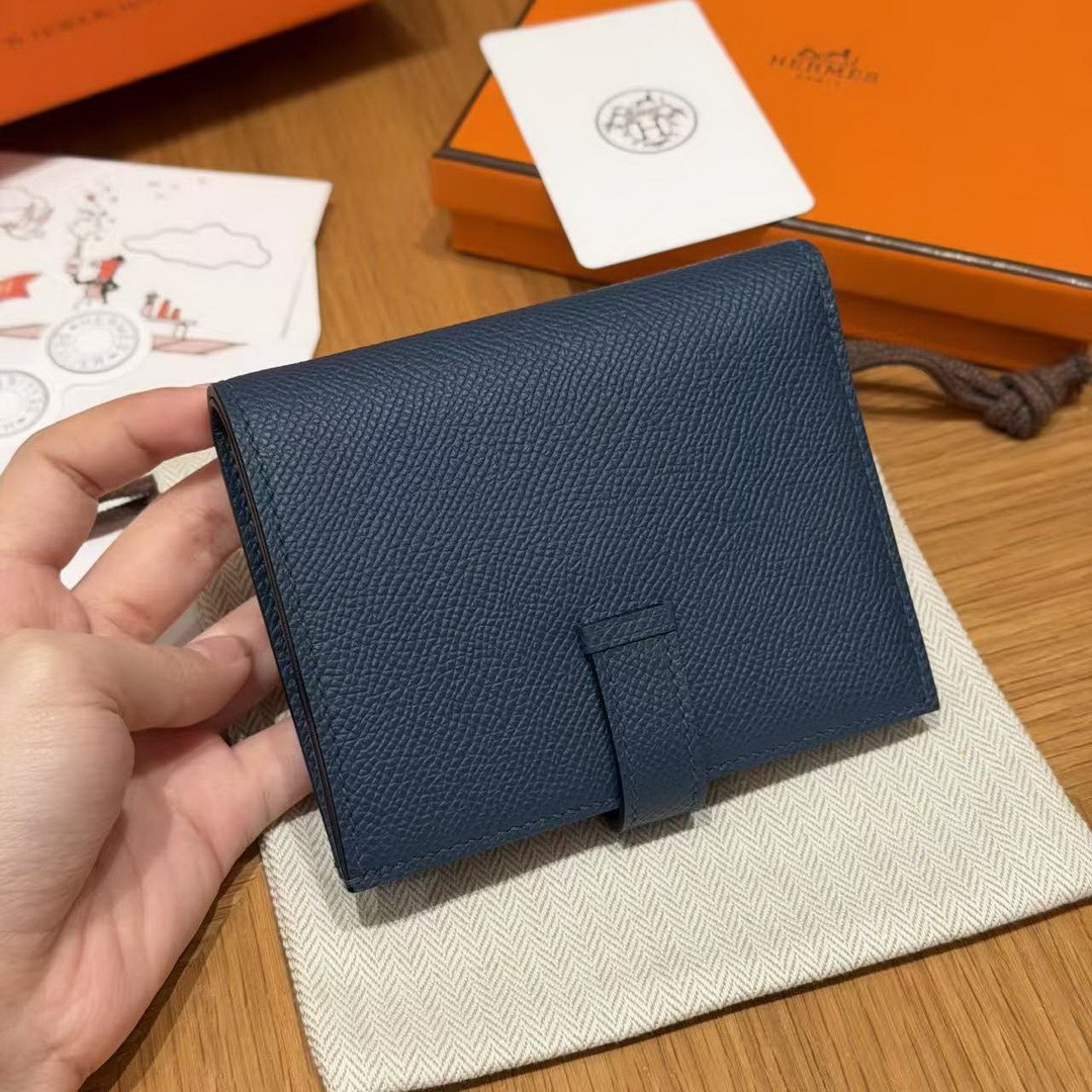 Hermes Bearn Compact Wallet Handmade In Epsom Calfskin Leather Silver Hardware S4 Deep Blue - Image 2