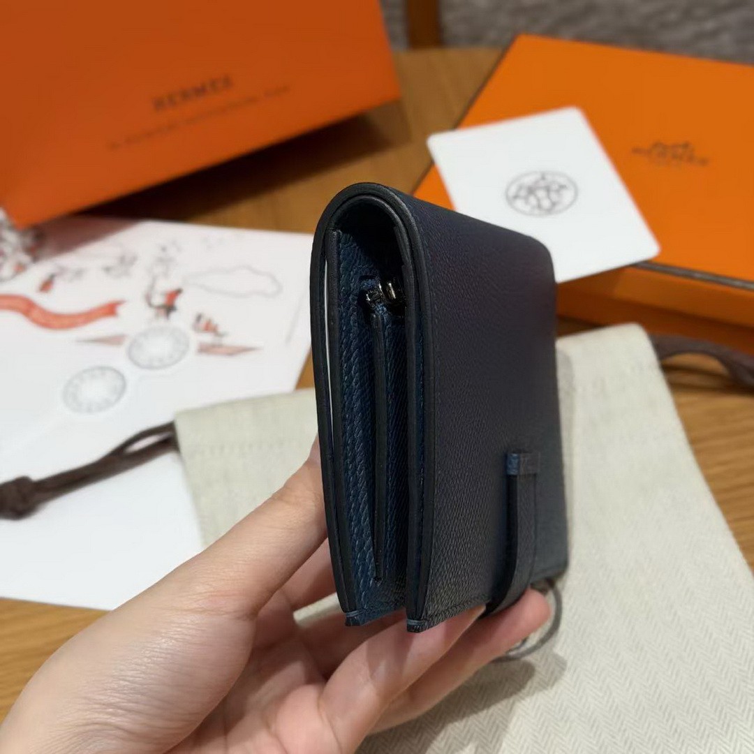 Hermes Bearn Compact Wallet Handmade In Epsom Calfskin Leather Silver Hardware S4 Deep Blue - Image 18