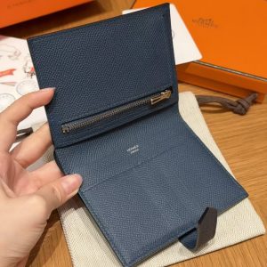 Hermes Bearn Compact Wallet Handmade In Epsom Calfskin Leather Silver Hardware S4 Deep Blue - Image 16