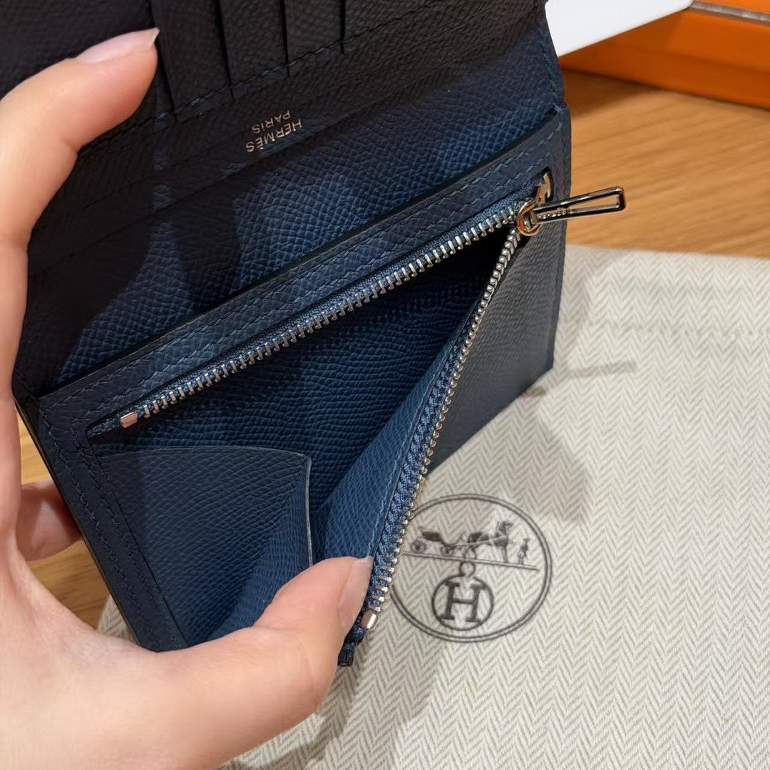 Hermes Bearn Compact Wallet Handmade In Epsom Calfskin Leather Silver Hardware S4 Deep Blue - Image 15
