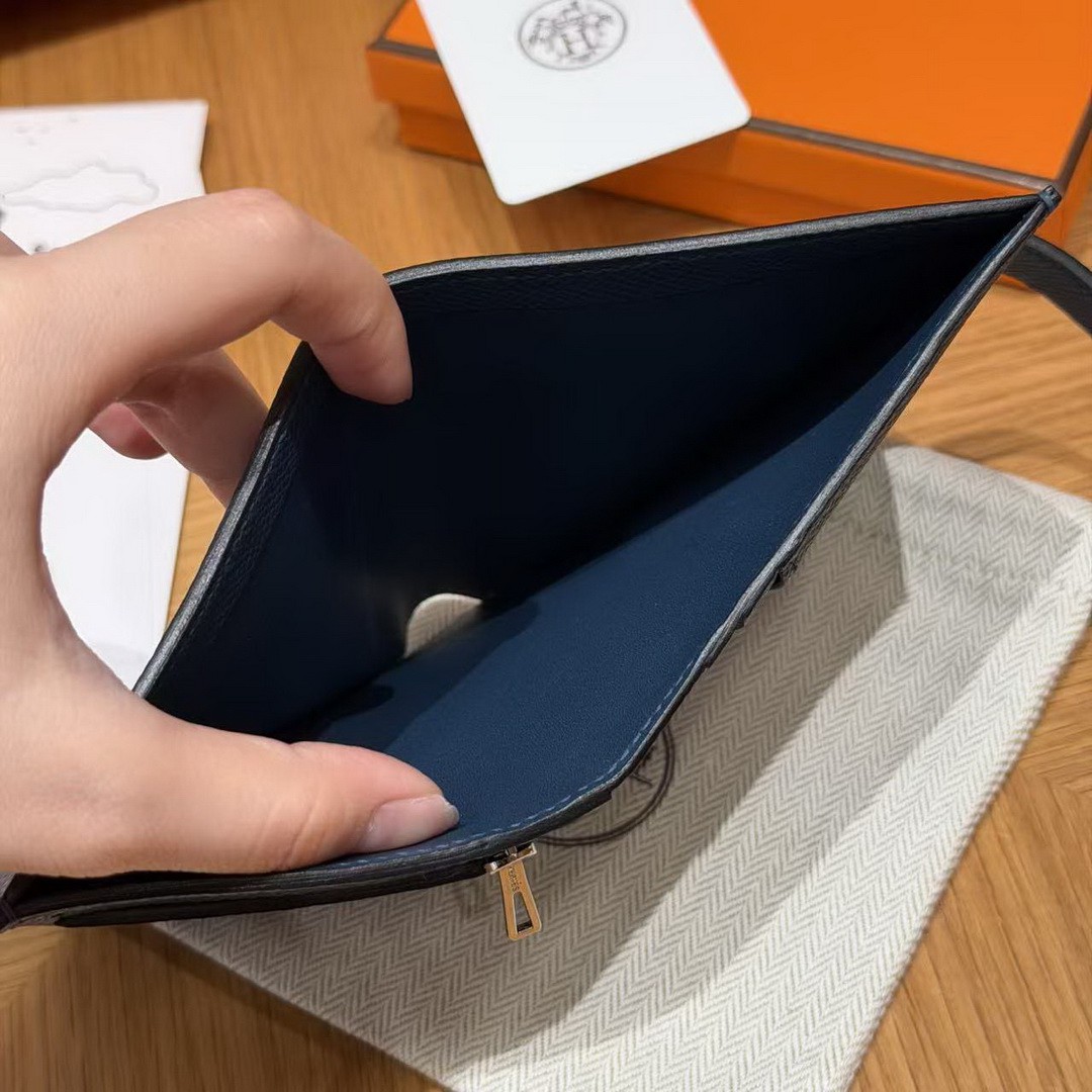 Hermes Bearn Compact Wallet Handmade In Epsom Calfskin Leather Silver Hardware S4 Deep Blue - Image 14