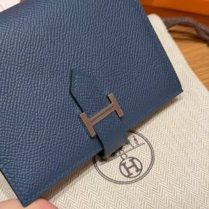 Hermes Bearn Compact Wallet Handmade In Epsom Calfskin Leather Silver Hardware S4 Deep Blue - Image 12
