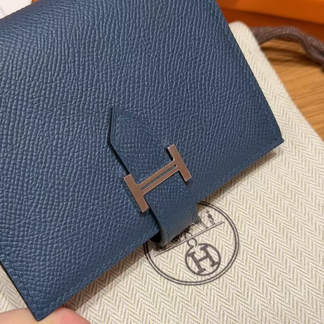 Hermes Bearn Compact Wallet Handmade In Epsom Calfskin Leather Silver Hardware S4 Deep Blue - Image 12