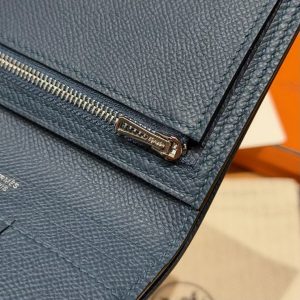 Hermes Bearn Compact Wallet Handmade In Epsom Calfskin Leather Silver Hardware S4 Deep Blue - Image 11