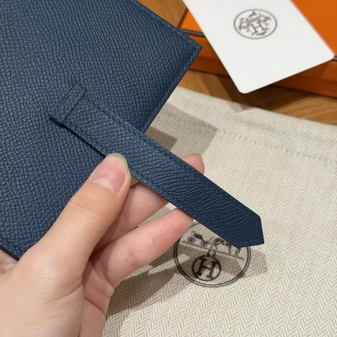Hermes Bearn Compact Wallet Handmade In Epsom Calfskin Leather Silver Hardware S4 Deep Blue - Image 9