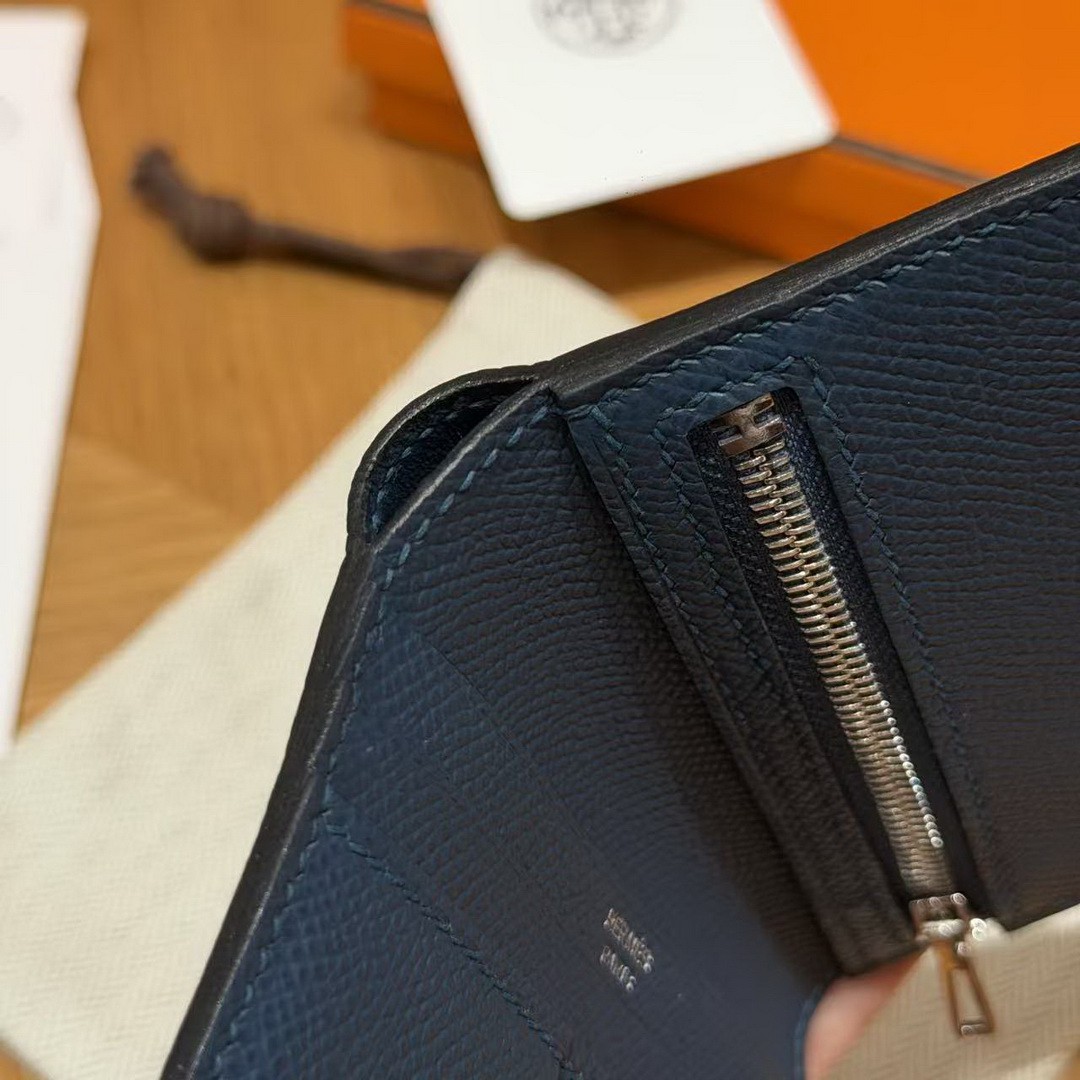Hermes Bearn Compact Wallet Handmade In Epsom Calfskin Leather Silver Hardware S4 Deep Blue - Image 8