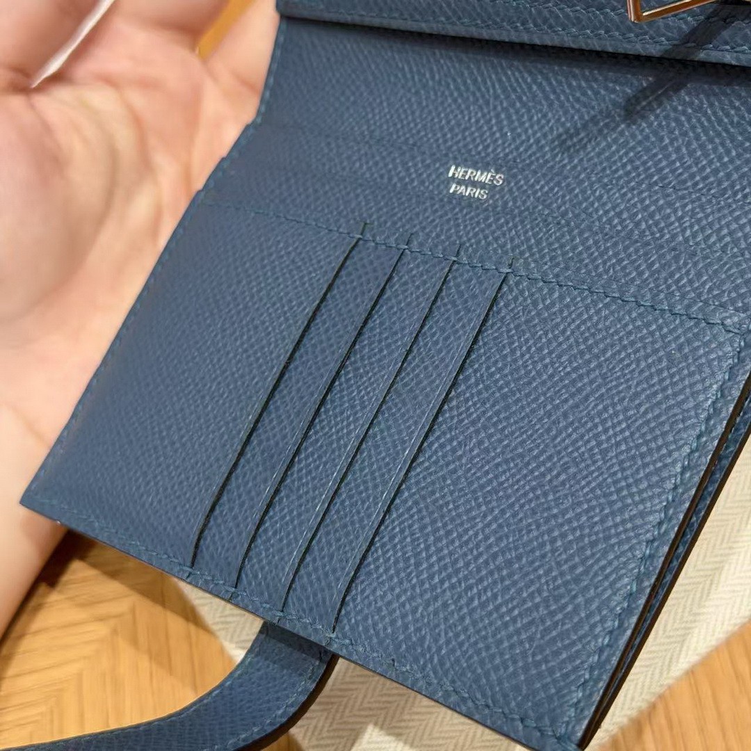 Hermes Bearn Compact Wallet Handmade In Epsom Calfskin Leather Silver Hardware S4 Deep Blue - Image 7