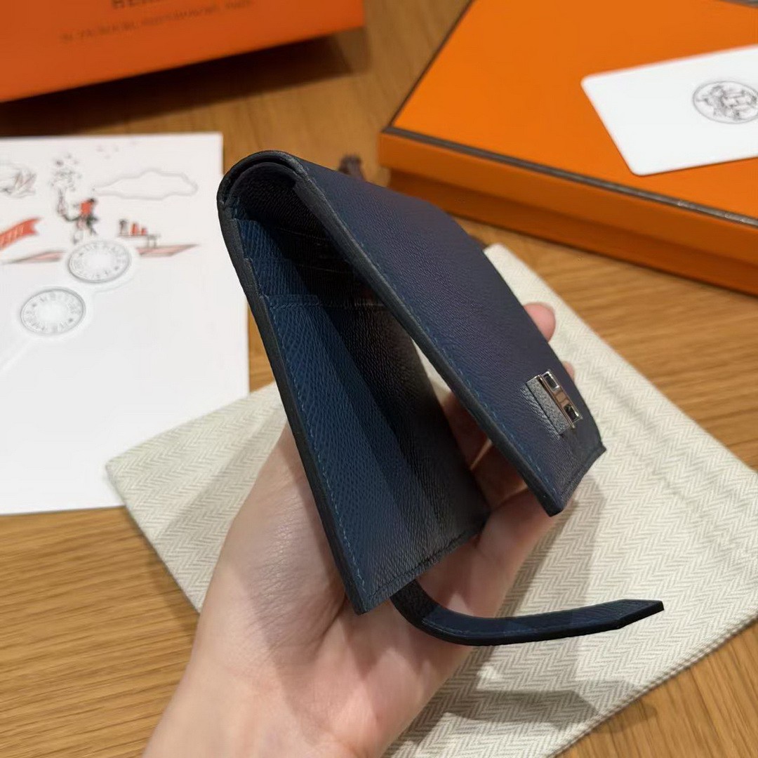 Hermes Bearn Compact Wallet Handmade In Epsom Calfskin Leather Silver Hardware S4 Deep Blue - Image 6